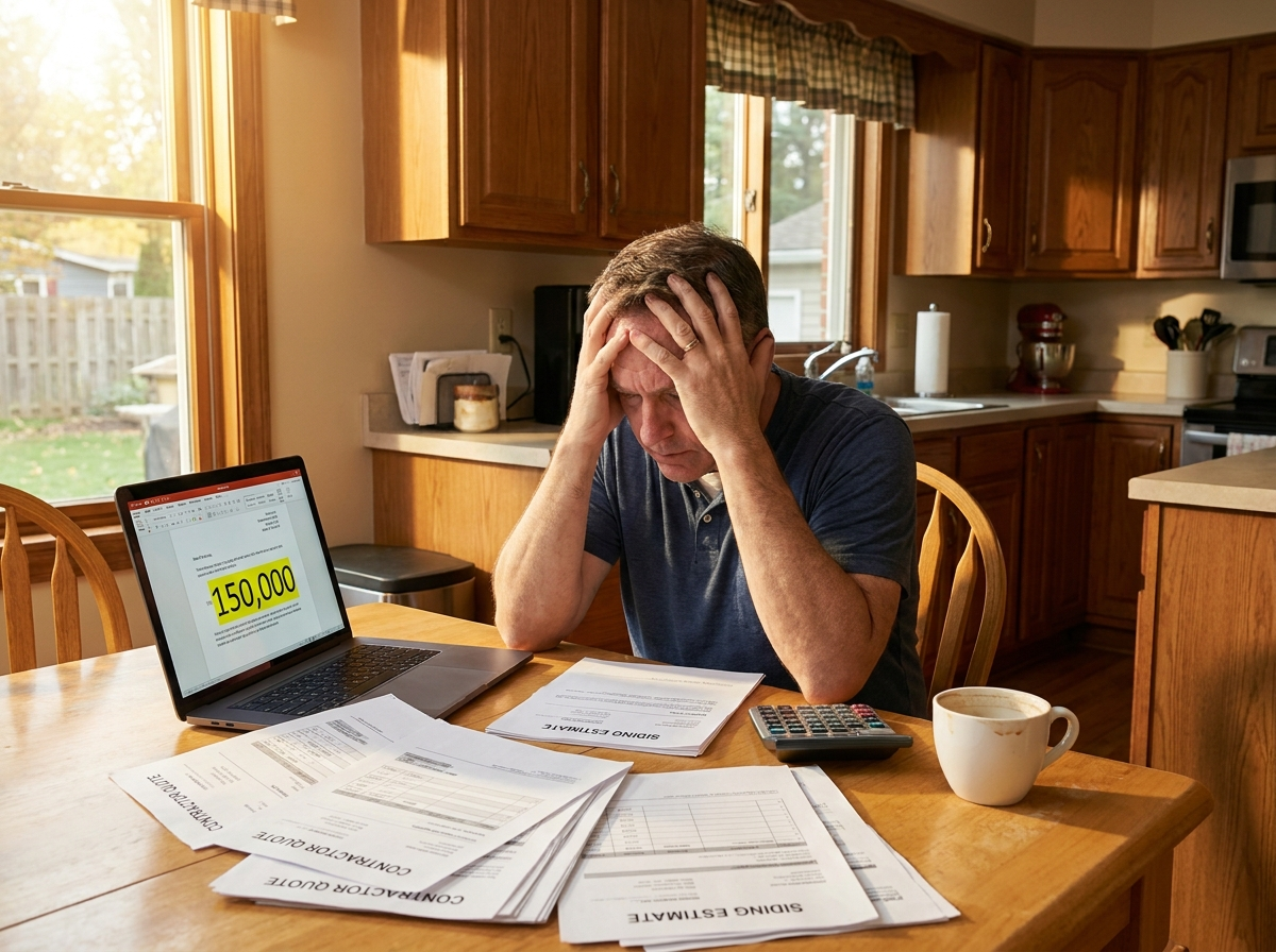 Homeowner overwhelmed reviewing contractor renovation quotes at kitchen table