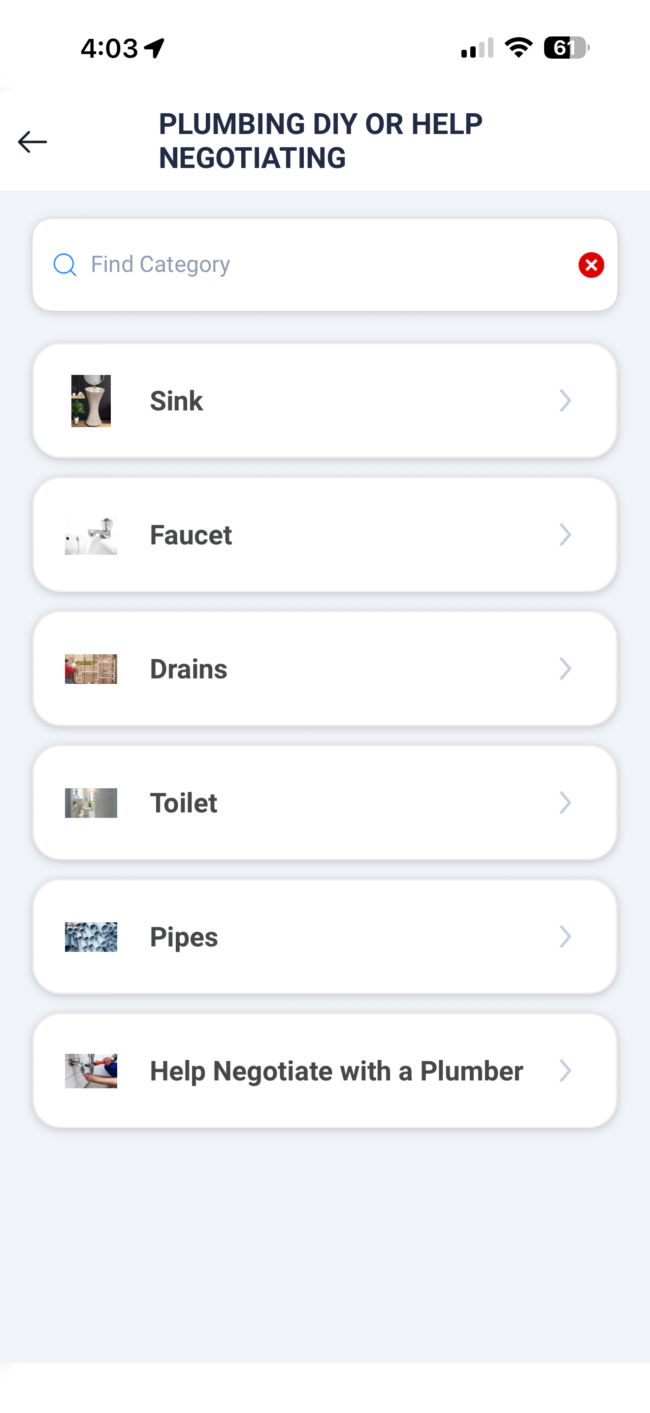 Task Monsters app — choose Leaks under Plumbing