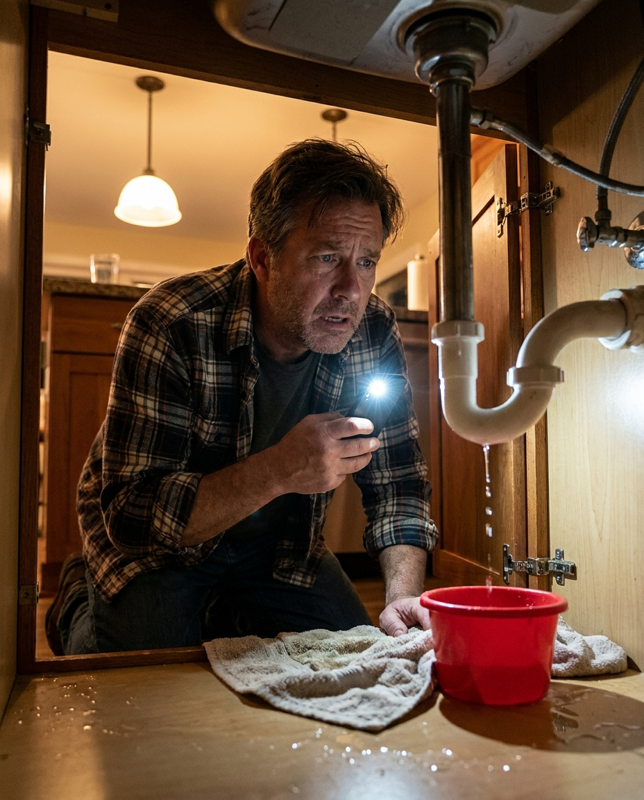 Homeowner under kitchen sink — active leak dripping from P-trap, wet cabinet